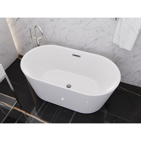 FT-AZ098-55 - ANZZI Chand Series 55 in. x 30 in. Flat Bottom Acrylic Freestanding Soaking Bathtub with Center Drain in Glossy White