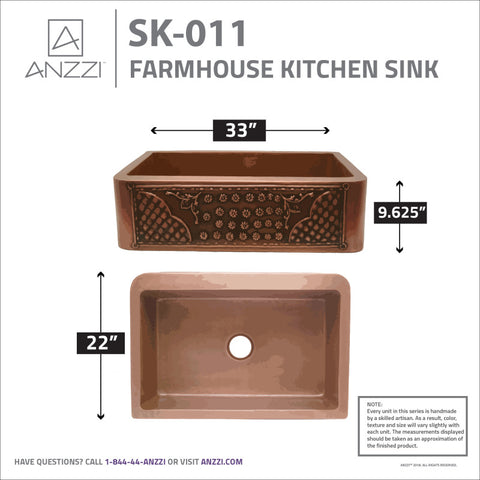 ANZZI Macedonian Farmhouse Handmade Copper 33 in. 0-Hole Single Bowl Kitchen Sink with Flower Bed Design Panel in Polished Antique Copper