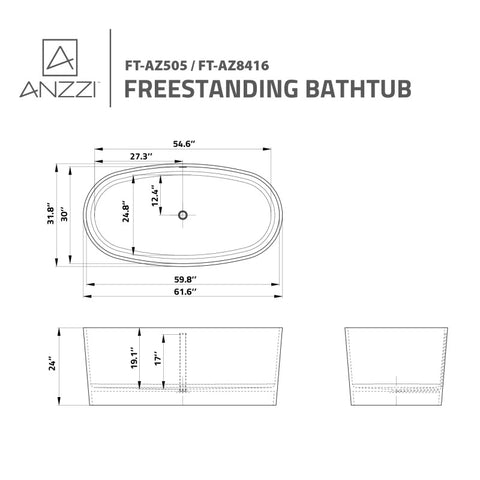 ANZZI Bellentin 5.1 ft. Solid Surface Center Drain Freestanding Bathtub in Matte White