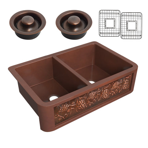 SK-007 - ANZZI Dalmatia Farmhouse Handmade Copper 33 in. 40/60 Double Bowl Kitchen Sink with Grape Vine Design in Polished Antique Copper