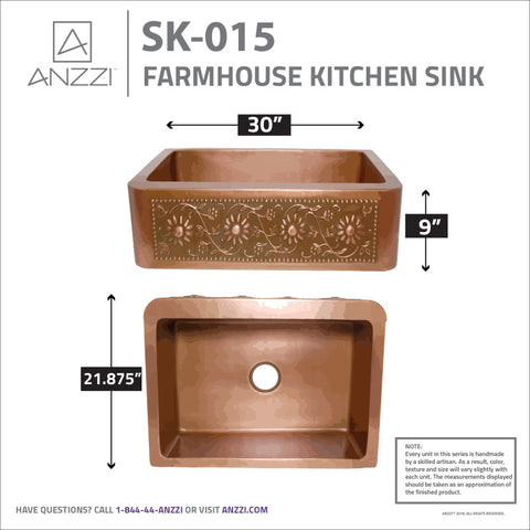 ANZZI Cilicia Farmhouse Handmade Copper 30 in. 0-Hole Single Bowl Kitchen Sink with Daisy Design Panel in Polished Antique Copper