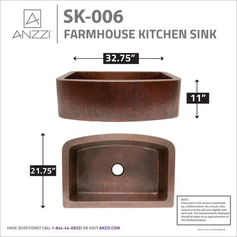 ANZZI Pieria Farmhouse Handmade Copper 33 in. 0-Hole Single Bowl Kitchen Sink in Hammered Antique Copper