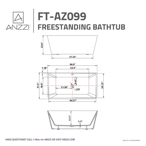 ANZZI Zenith Series 5.58 ft. Freestanding Bathtub in White