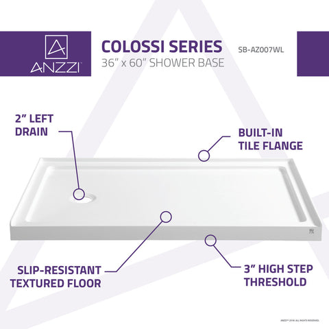 ANZZI Colossi Series 60 in. x 36 in. Shower Base in White