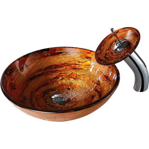 LS-AZ8111 - ANZZI Komaru Series Vessel Sink in Brown with Pop-Up Drain and Matching Faucet in Lustrous Brown