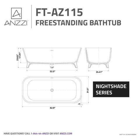 ANZZI Nightshade 63 in. Solid Surface Freestanding Bathtub in Matte Black