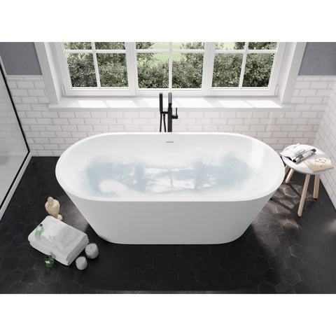 ANZZI Bellentin 5.1 ft. Solid Surface Center Drain Freestanding Bathtub in Matte White