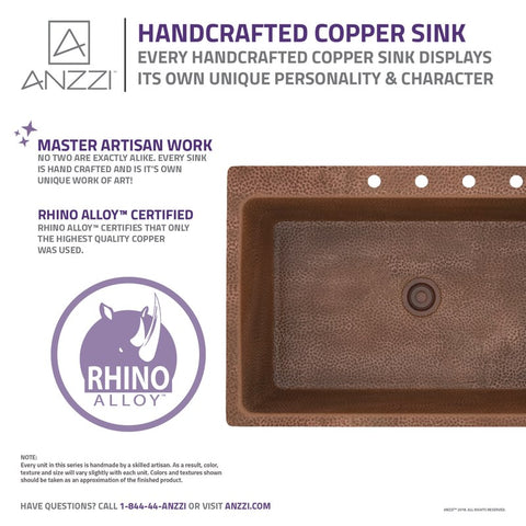 ANZZI Lydia Drop-in Handmade Copper 33 in. 4-Hole Single Bowl Kitchen Sink in Hammered Antique Copper