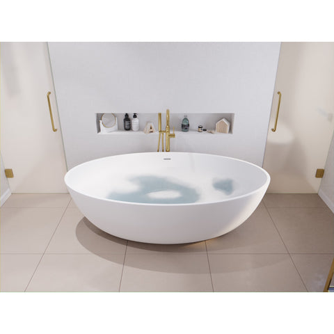 ANZZI Hangiri 5.5 ft. Solid Surface Center Drain Freestanding Bathtub in Matte White