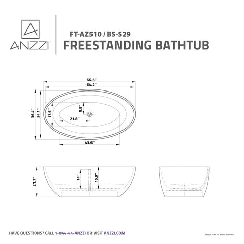 ANZZI Cestino 5.5 ft. Solid Surface Center Drain Freestanding Bathtub in Matte White