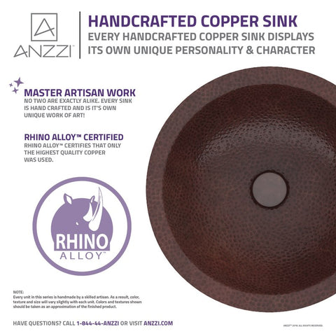 ANZZI Antakya 16 in. Drop-in Round Bathroom Sink in Hammered Antique Copper