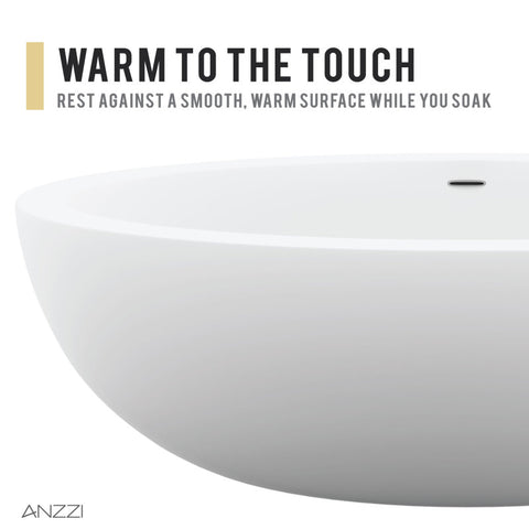 ANZZI Kekehun 6.3 ft. Solid Surface Center Drain Freestanding Bathtub in Matte White