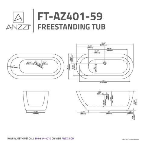 ANZZI Ami 59 in. Acrylic Flatbottom Freestanding Bathtub in White