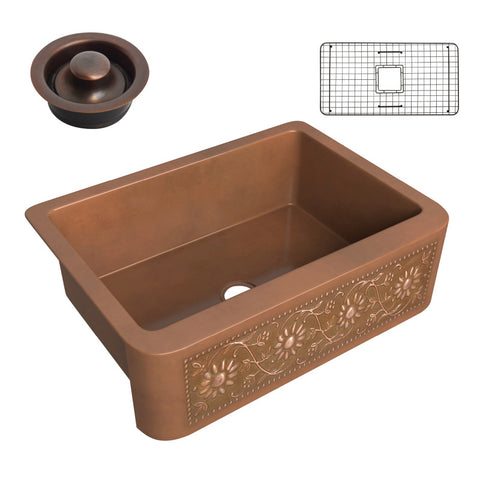 SK-015 - ANZZI Cilicia Farmhouse Handmade Copper 30 in. 0-Hole Single Bowl Kitchen Sink with Daisy Design Panel in Polished Antique Copper