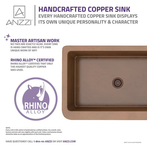 ANZZI Cyprus Farmhouse Handmade Copper 33 in. 0-Hole Single Bowl Kitchen Sink in Polished Antique Copper