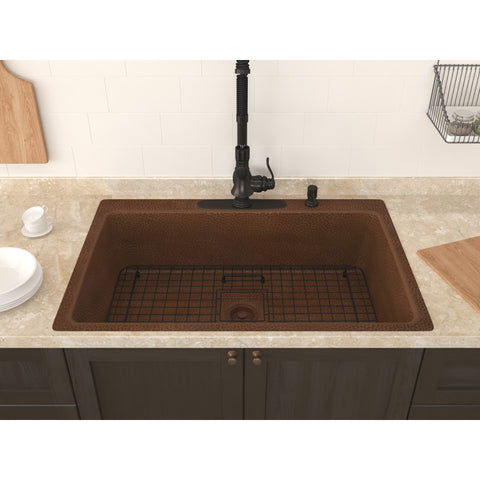 ANZZI Lydia Drop-in Handmade Copper 33 in. 4-Hole Single Bowl Kitchen Sink in Hammered Antique Copper