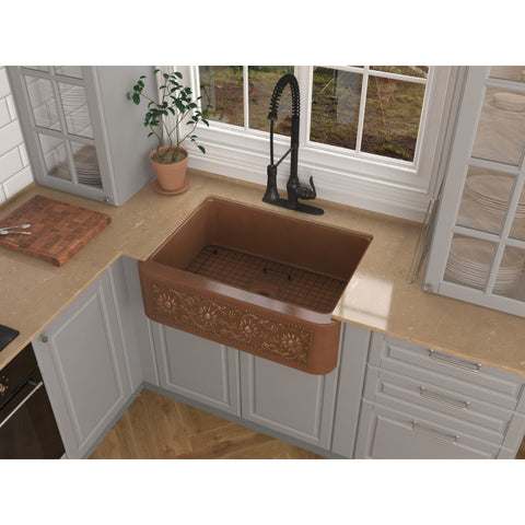 SK-015 - ANZZI Cilicia Farmhouse Handmade Copper 30 in. 0-Hole Single Bowl Kitchen Sink with Daisy Design Panel in Polished Antique Copper