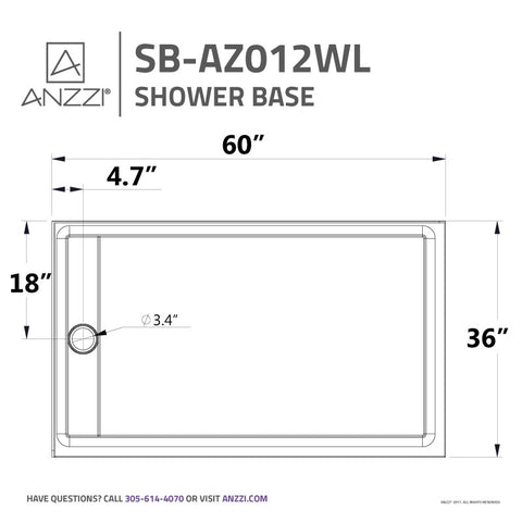 ANZZI Field Series 36 in. x 60 in. Double Threshold Shower Base in White