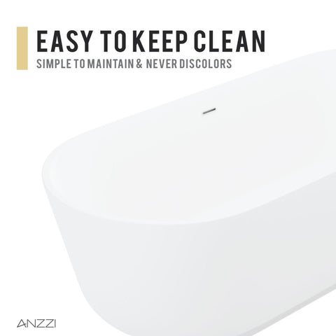 ANZZI Badi 5.9 ft. Solid Surface Center Drain Freestanding Bathtub in Matte White